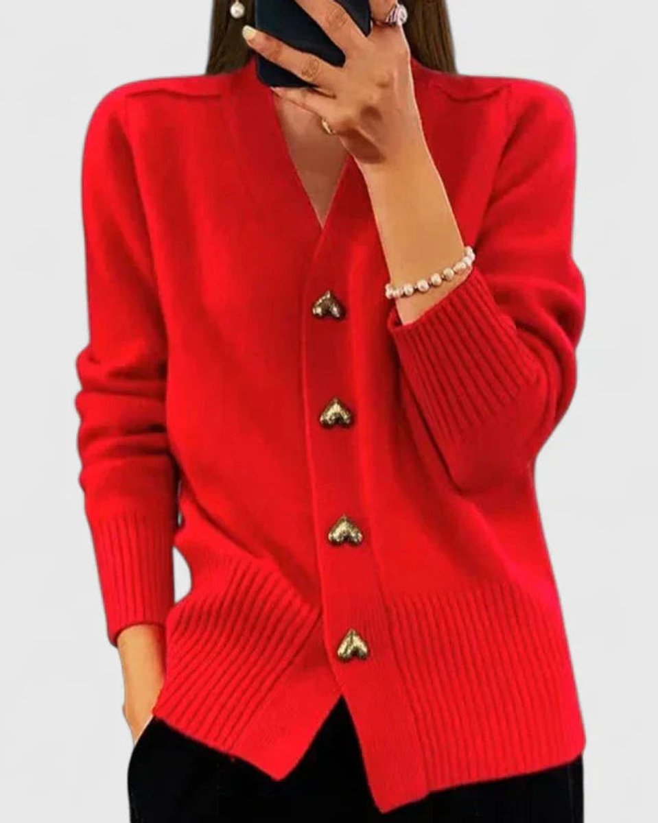 Women's V-Neck Gold Heart-Button Knit Cardigan Sweater