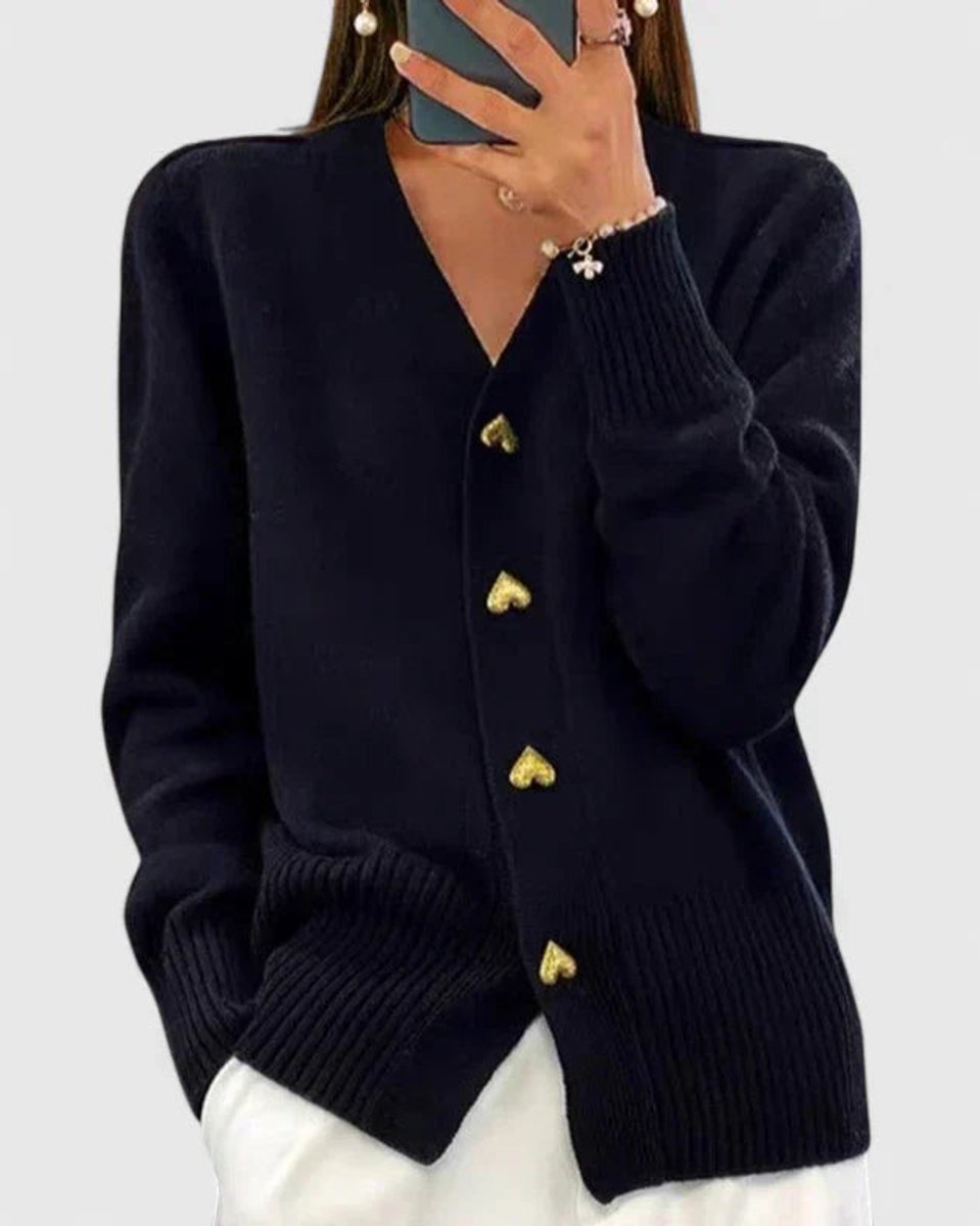 Women's V-Neck Gold Heart-Button Knit Cardigan Sweater