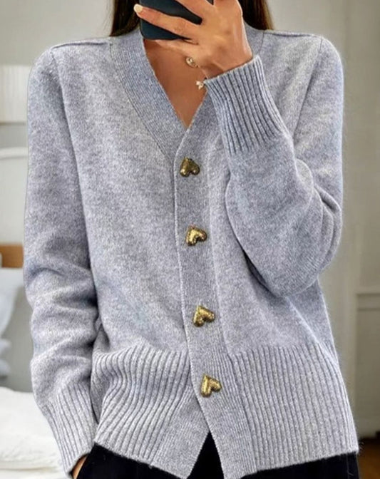 Women's V-Neck Long Sleeve Cardigan Sweater with Heart Buttons