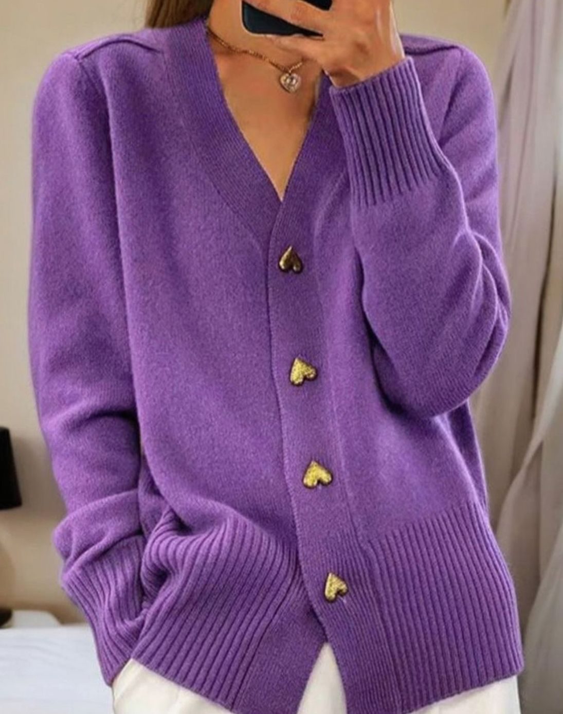 Women's V-Neck Long Sleeve Cardigan Sweater with Heart Buttons