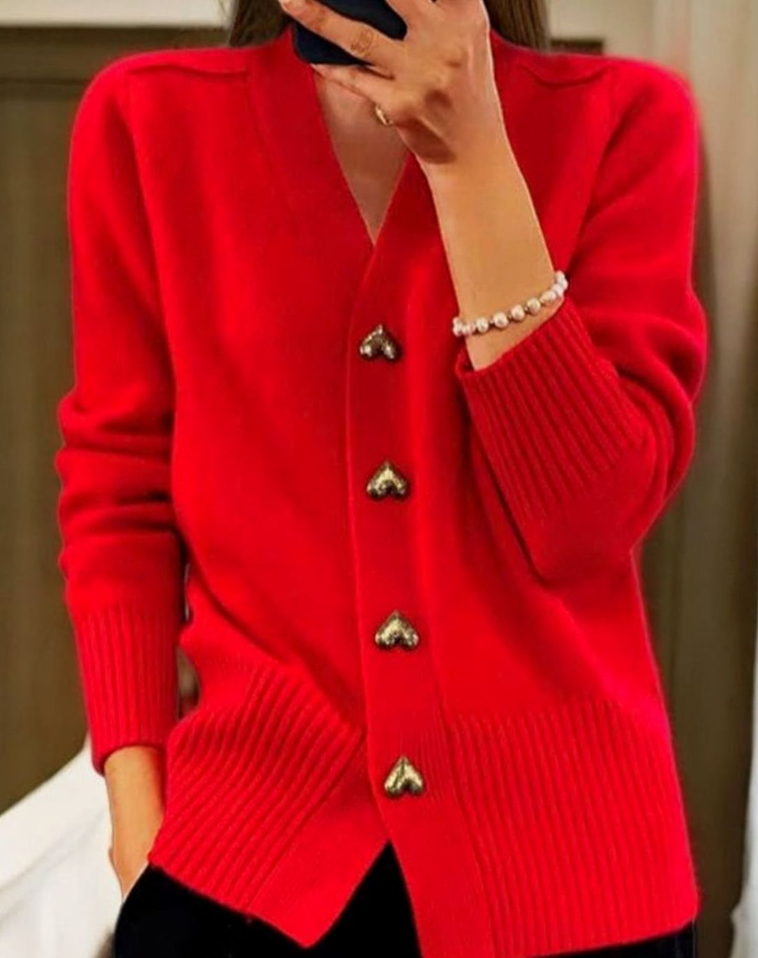 Women's V-Neck Long Sleeve Cardigan Sweater with Heart Buttons