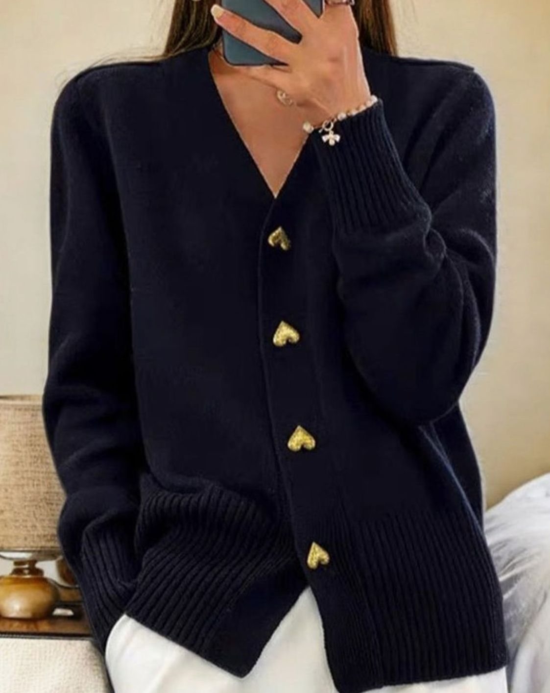 Women's V-Neck Long Sleeve Cardigan Sweater with Heart Buttons