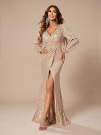 Robe longue de soirée de Noël pour femme, à sequins, manches longues et col en V