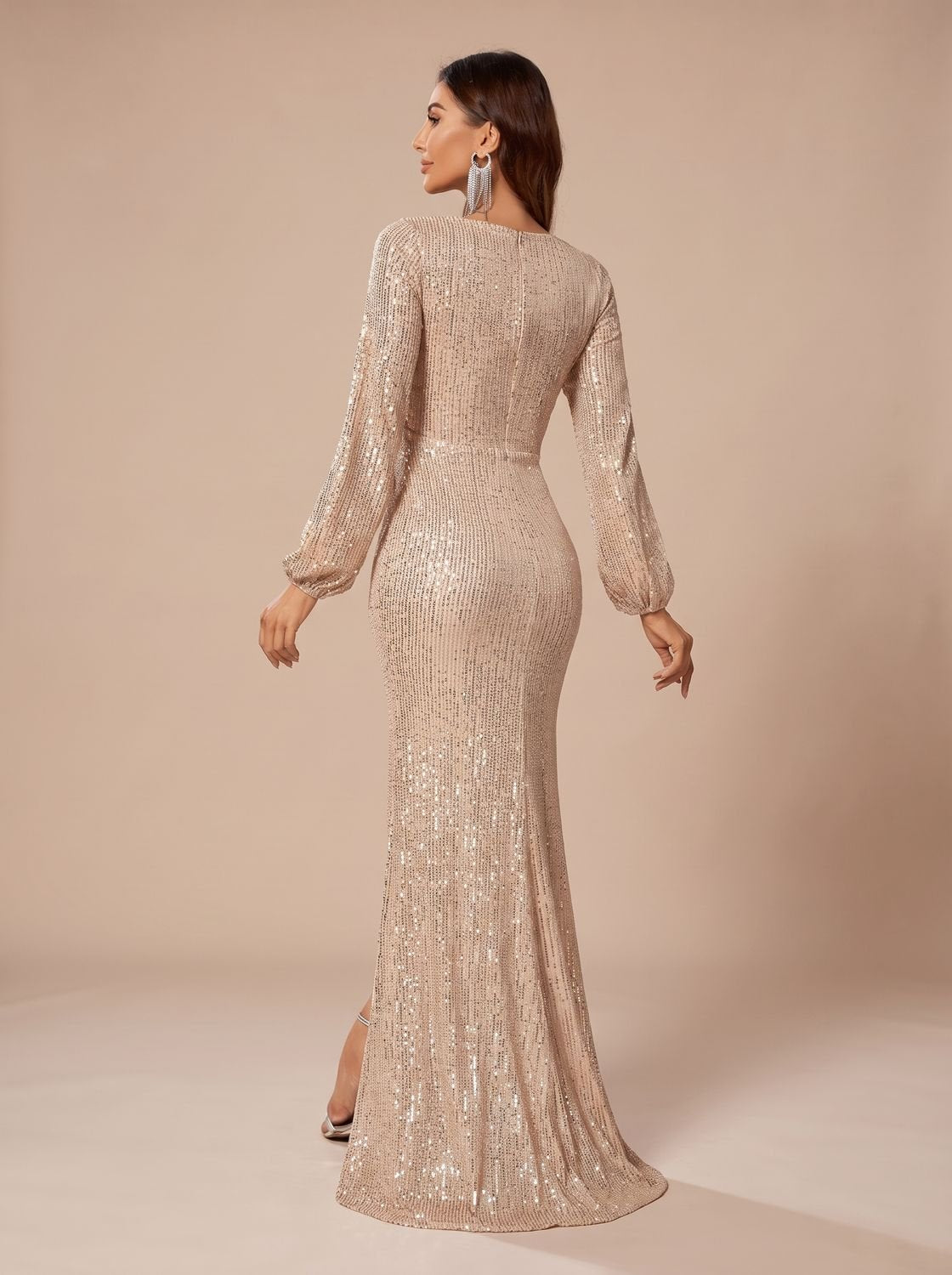 Robe longue de soirée de Noël pour femme, à sequins, manches longues et col en V