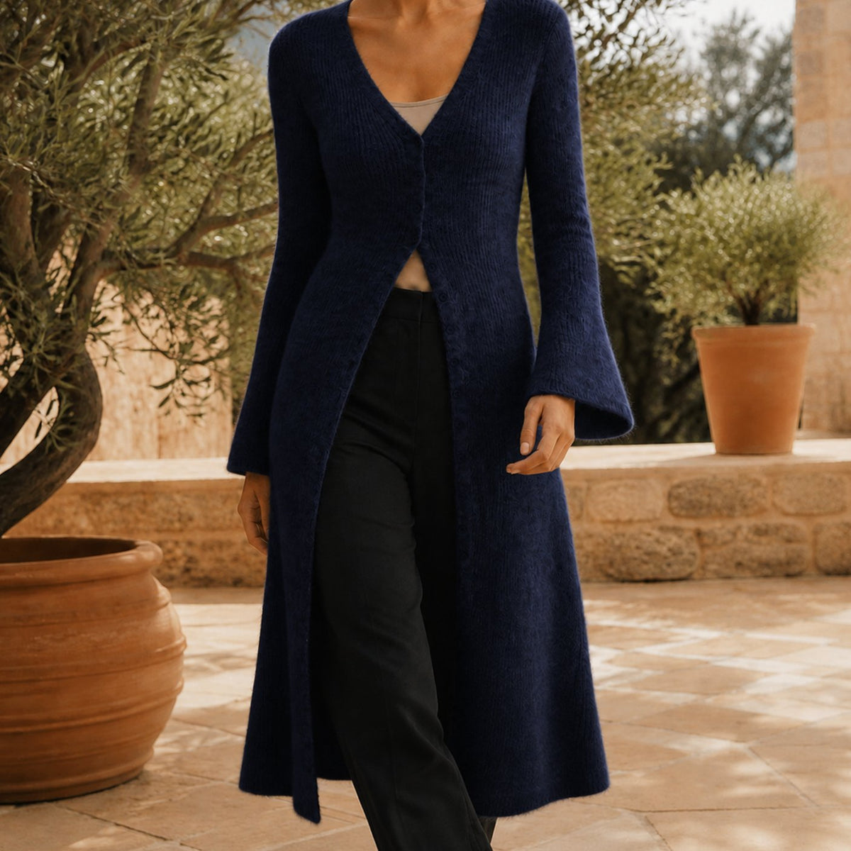 Women's V-Neck Longline Button-Front Knit Cardigan