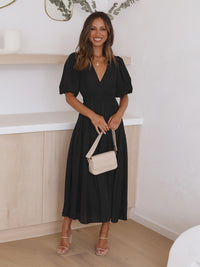 Women's V-Neck Midi Dress with Puff Sleeves