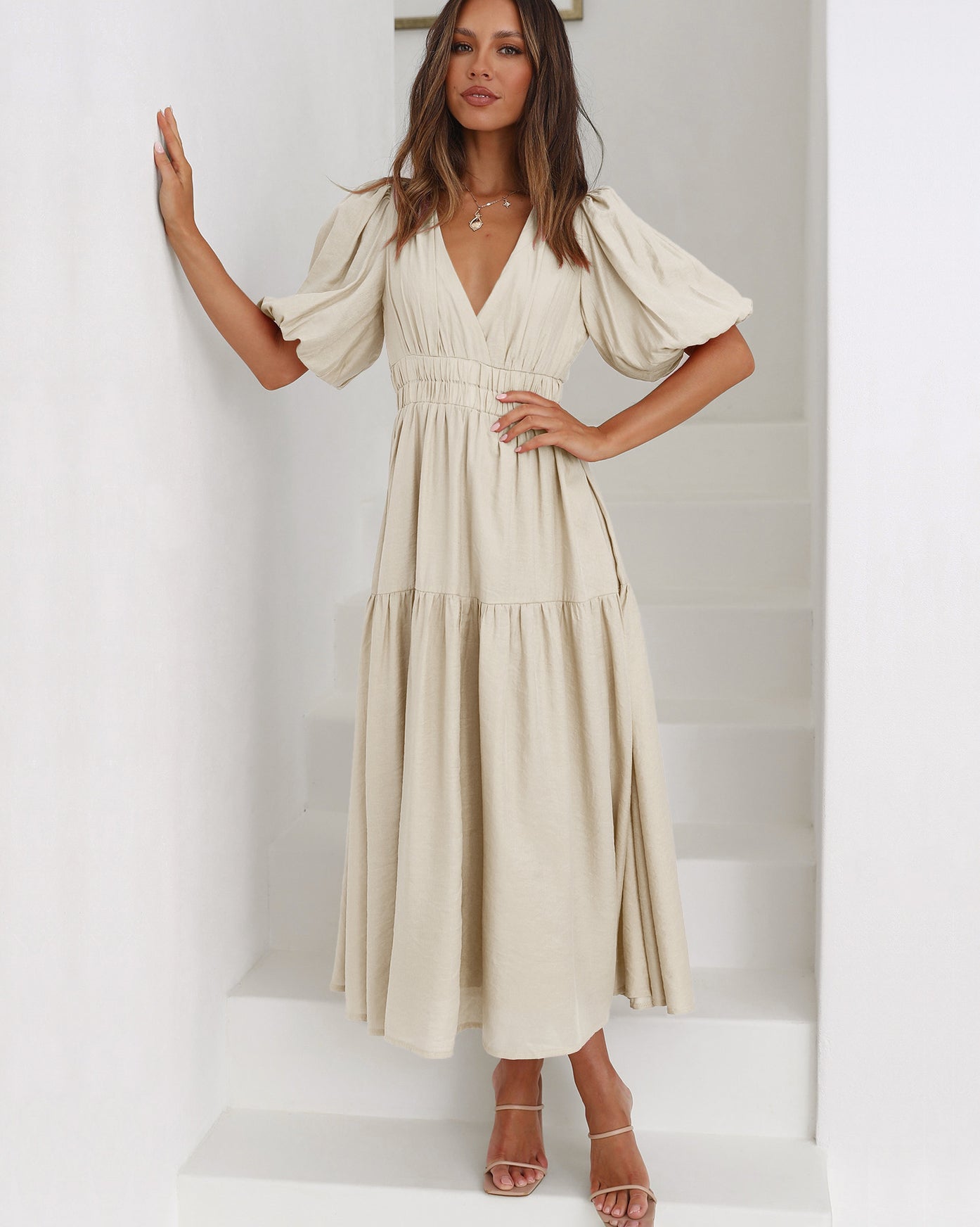 Women's V-Neck Midi Dress with Puff Sleeves