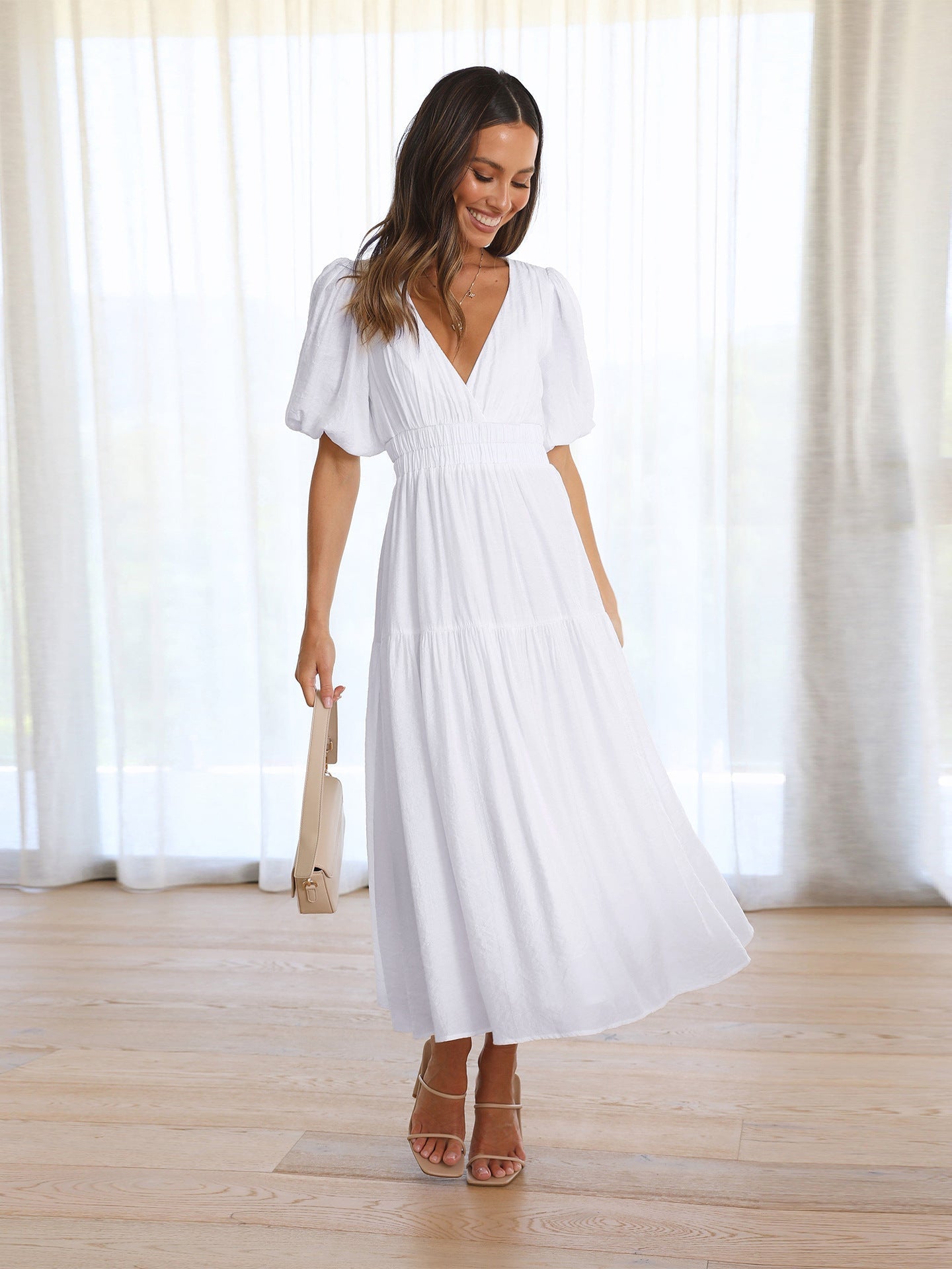 Women's V-Neck Midi Dress with Puff Sleeves