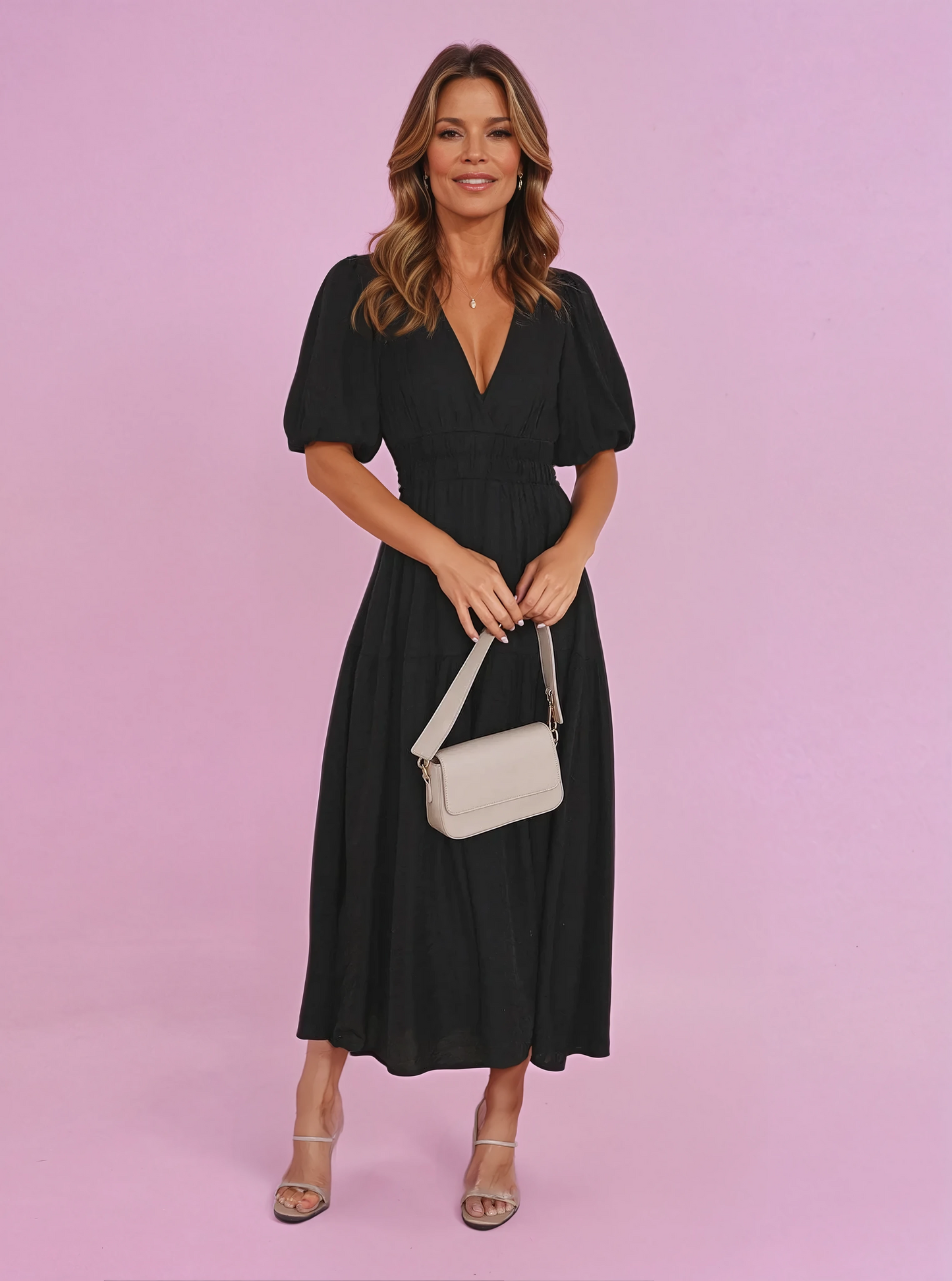 Women's V-Neck Midi Dress with Puff Sleeves