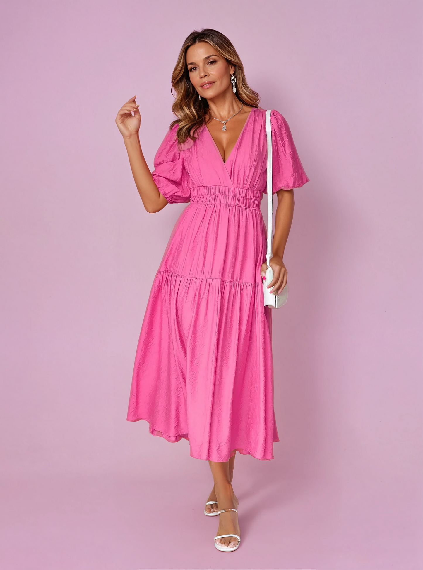 Women's V-Neck Midi Dress with Puff Sleeves