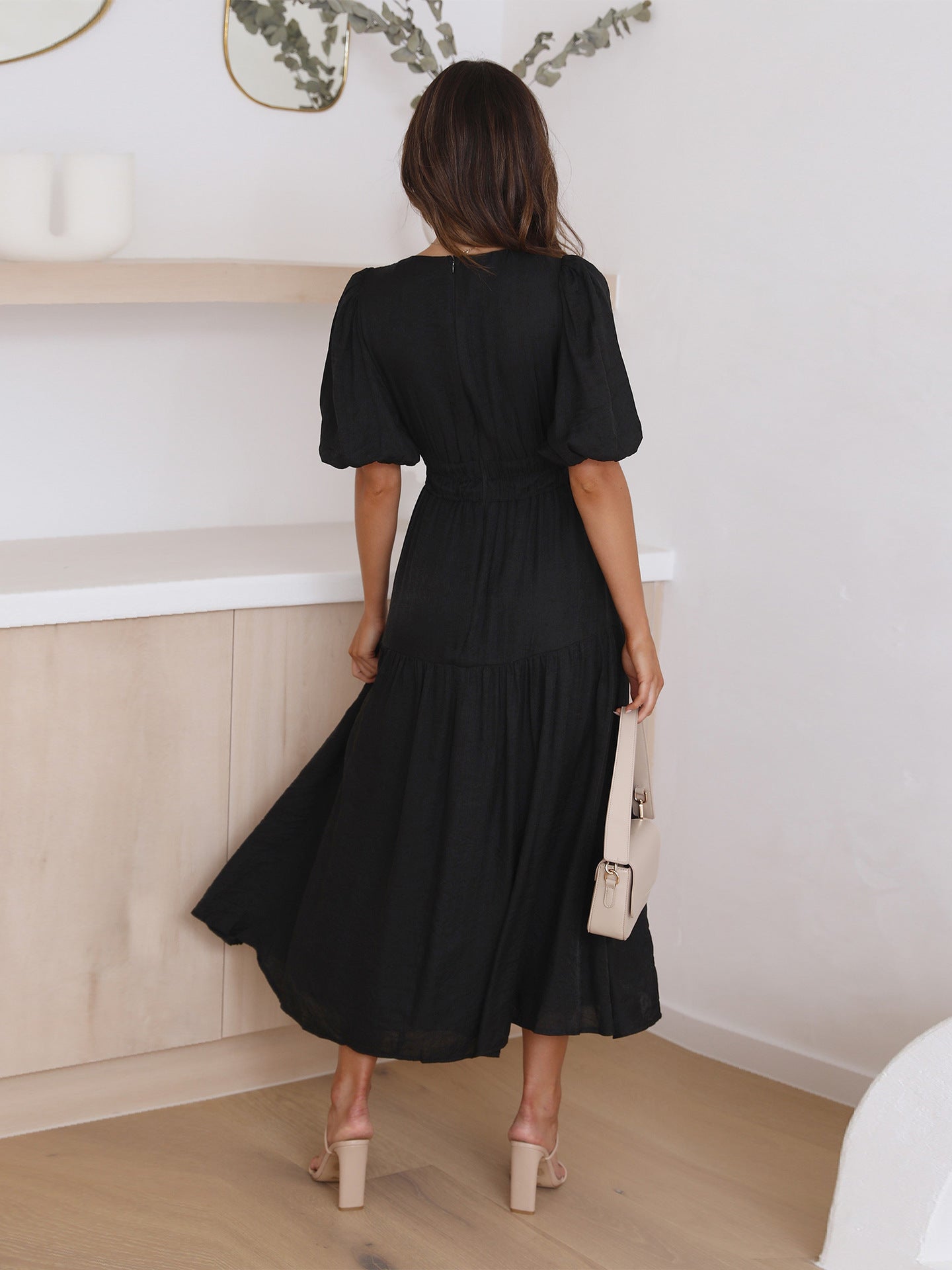 Women's V-Neck Midi Dress with Puff Sleeves