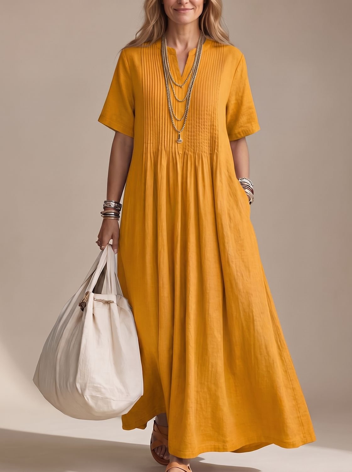 Women's V-Neck Pintuck Pleated Flowy Maxi Dress
