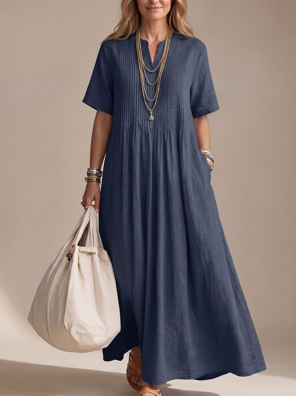 Women's V-Neck Pintuck Pleated Flowy Maxi Dress