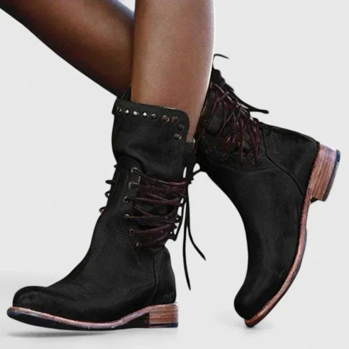 Women's Vintage Lace-Up Studded Block Heel Knee-High Boots