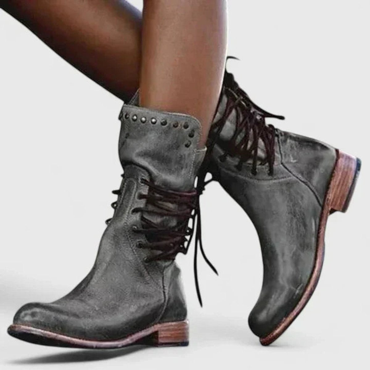 Women's Vintage Lace-Up Studded Block Heel Knee-High Boots