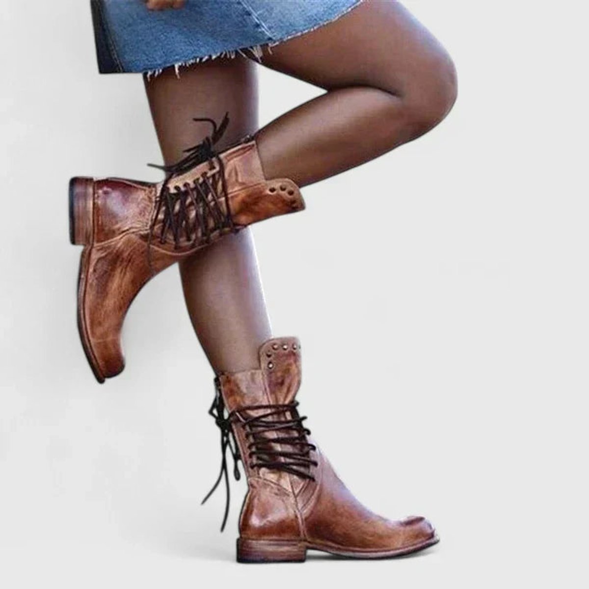 Women's Vintage Lace-Up Studded Block Heel Knee-High Boots