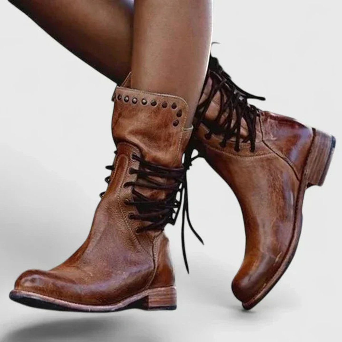 Women's Vintage Lace-Up Studded Block Heel Knee-High Boots