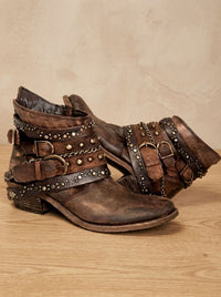 Bottines western vintage à bride à boucle et clous pour femme