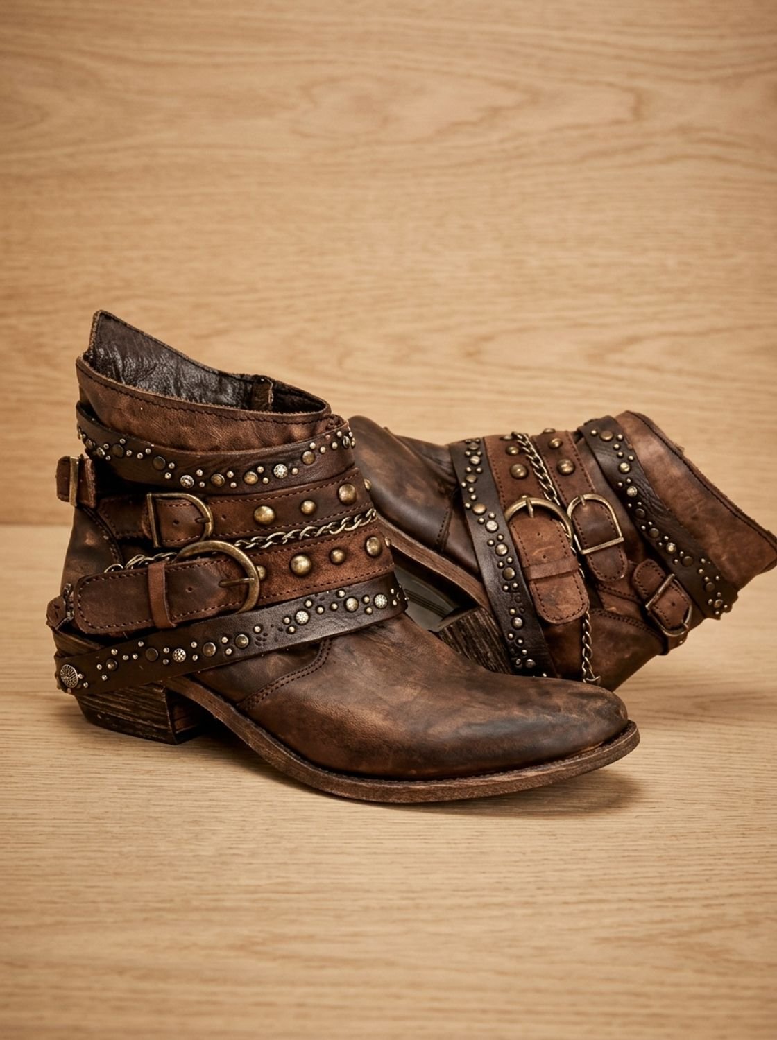Bottines western vintage à bride à boucle et clous pour femme