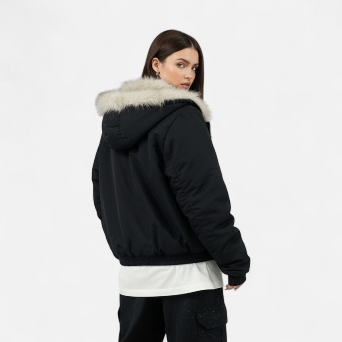 Manteau d'hiver vintage pour femme avec col en fourrure et taille cintrée
