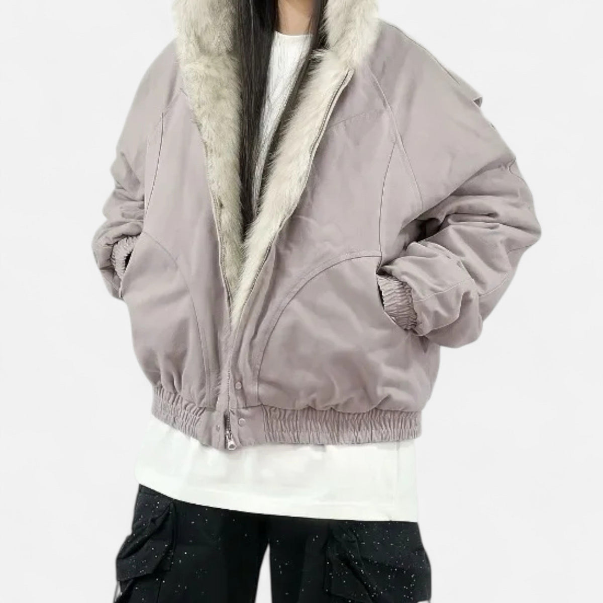 Manteau d'hiver vintage pour femme avec col en fourrure et taille cintrée