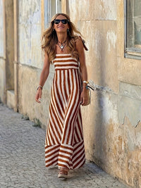 Women's Wide-Stripe Tie-Strap Full-Skirt Maxi Dress