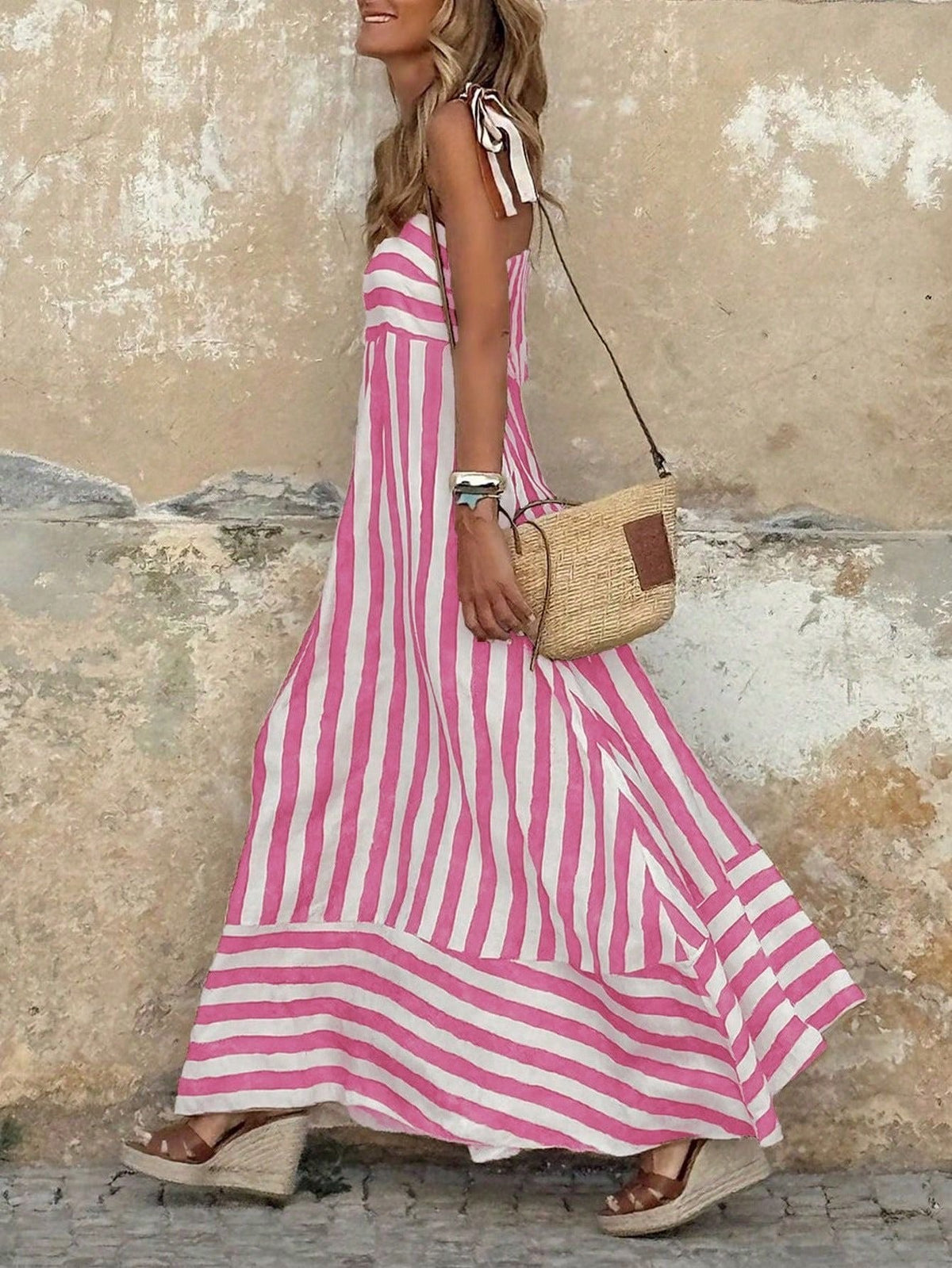 Women's Wide-Stripe Tie-Strap Full-Skirt Maxi Dress