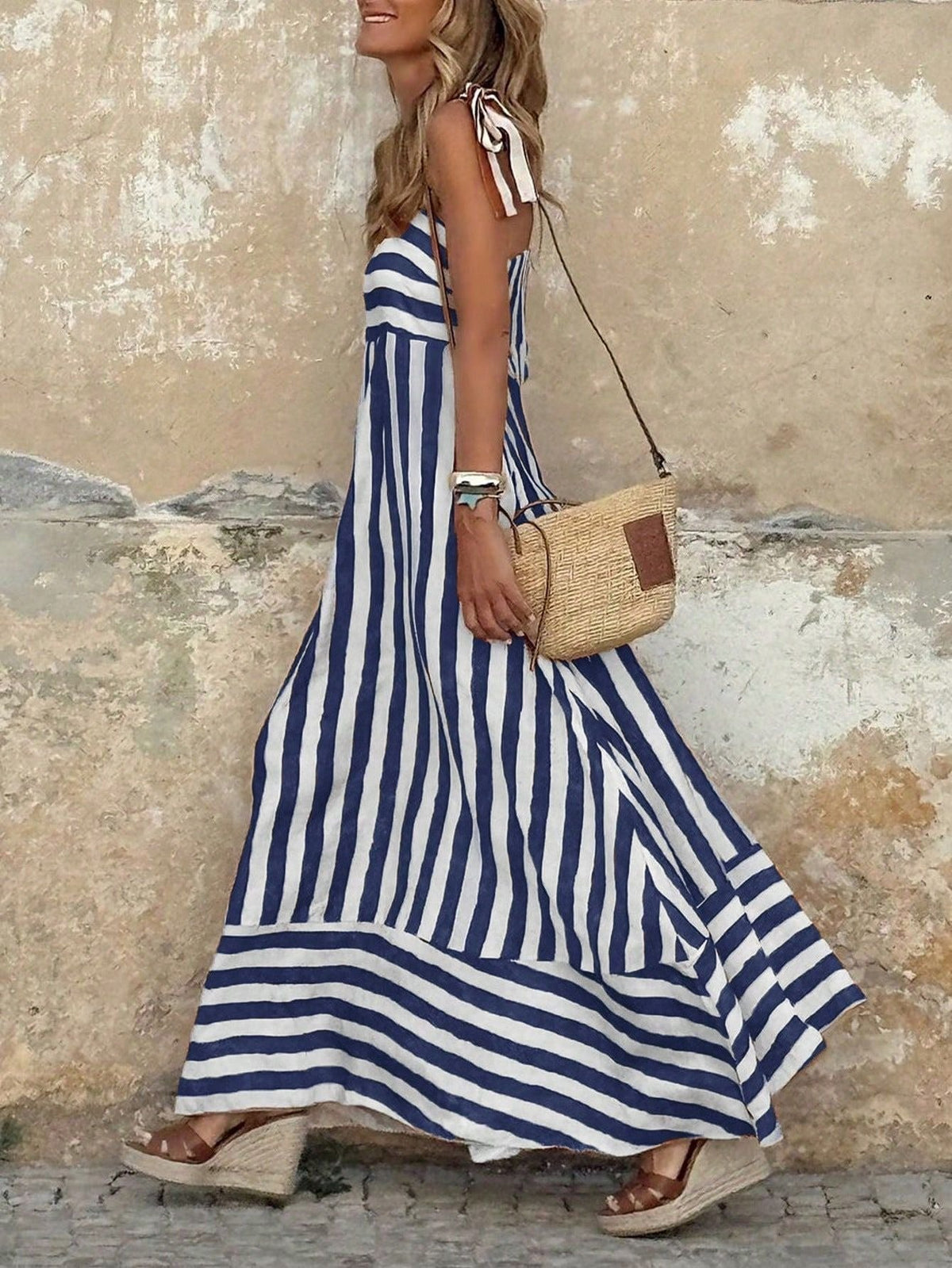 Women's Wide-Stripe Tie-Strap Full-Skirt Maxi Dress