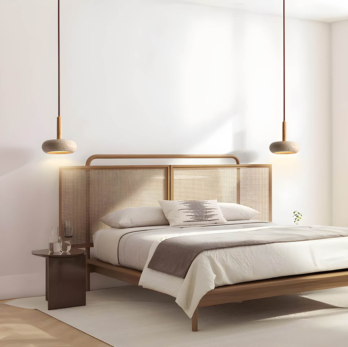 Suspension en travertin jaune — luminaire en pierre, lumière chaleureuse